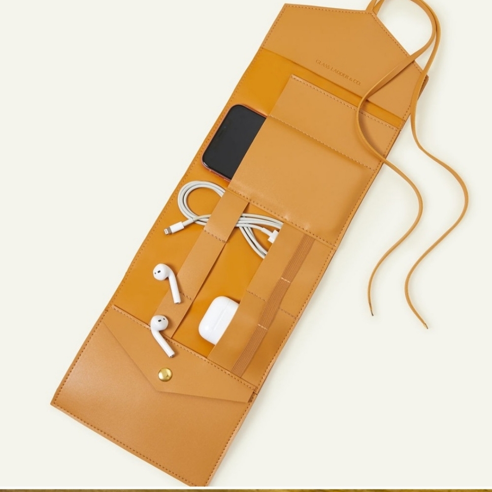 Glass Ladder Faux Leather Tech Organizer Clutch. Light brown.